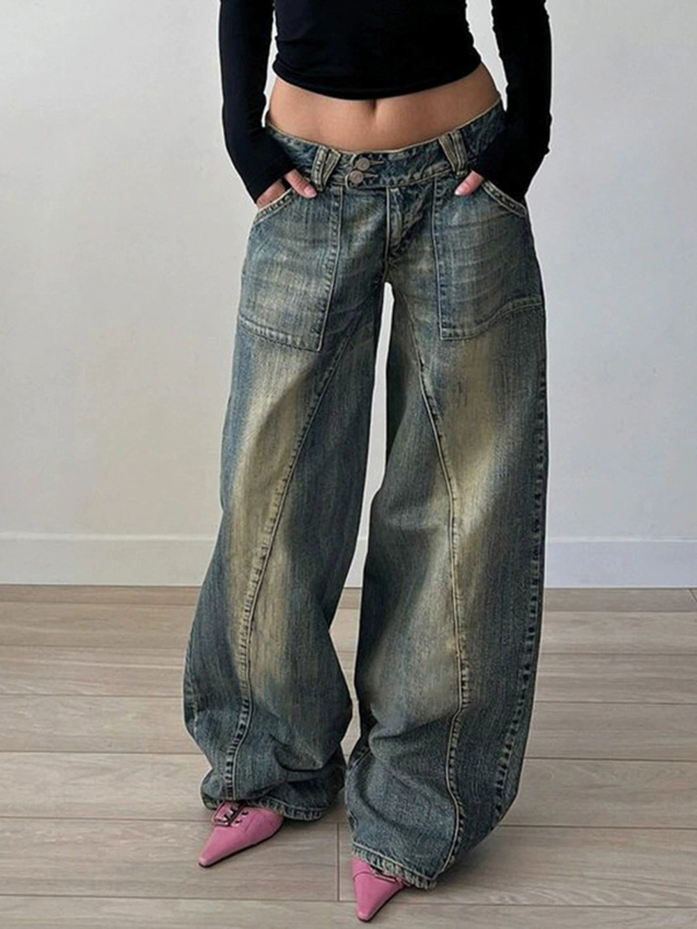 ZARA Womens Washed Distressed Wide Leg Jeans Loose Fit Slimming Casual Stylish
